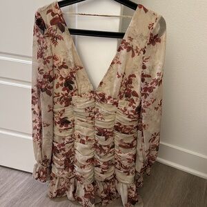 ASOS V neck Floral Rouched Mini Dress Long Sleeve Red Cream